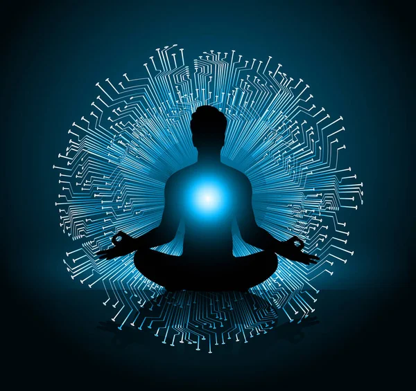 Man Meditate Dark Black Abstract Background Yoga Ray Beam Buddhist — Stock Vector