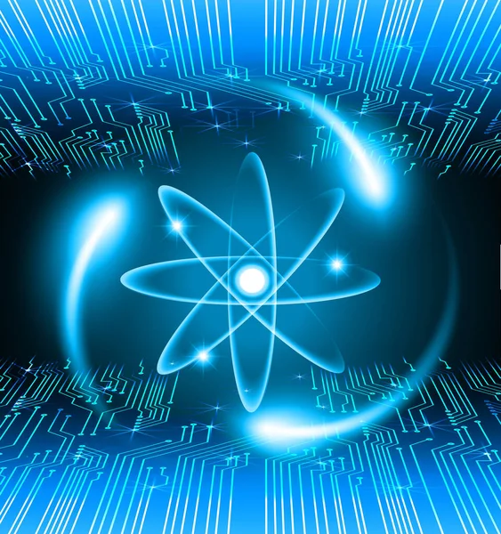 Mörkblå Skinande Atom Intriger Illustration Abstrakt Teknik Bakgrund För Datorgrafik — Stock vektor