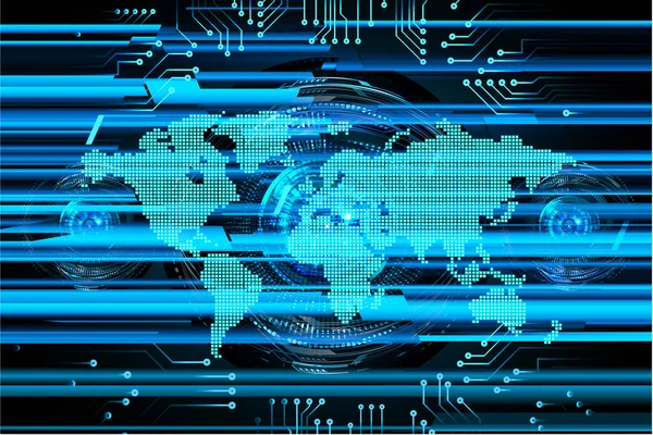 İkili devre kartı gelecek teknolojisi, mavi siber güvenlik kavramı özgeçmişi, soyut yüksek hızlı dijital internet. dünya haritası vektörü