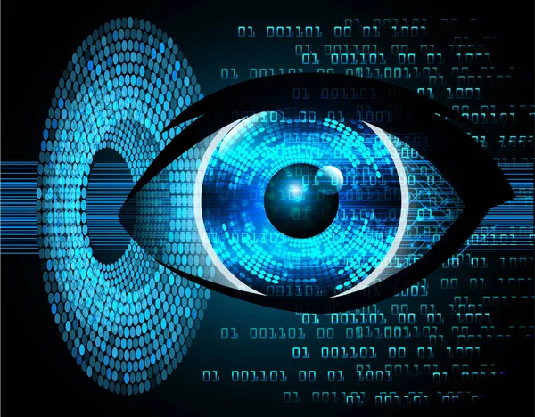 Soyut teknoloji bilim konsepti göz dijital bağlantısı ve mavi arka planda ikili hi teknolojisi