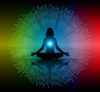 Kadın meditasyonu koyu pembe soyut ateş arkaplanı üzerine. yoga.