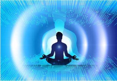 Adam koyu siyah soyut arka plan, yoga üzerine meditasyon yapıyor. - Ray. Işın. Budist Hindu meditasyonu.