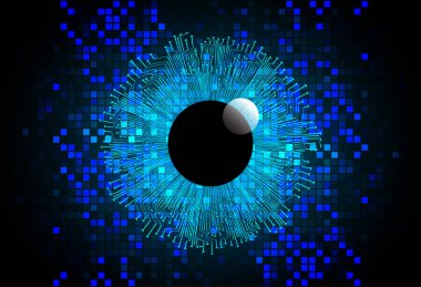 Soyut teknoloji bilim konsepti göz dijital bağlantısı ve mavi arka planda ikili hi teknolojisi