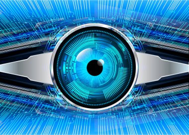 Soyut teknoloji bilim konsepti göz dijital bağlantısı ve mavi arka planda ikili hi teknolojisi