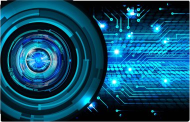 Soyut teknoloji bilim konsepti göz dijital bağlantısı ve mavi arka planda ikili hi teknolojisi