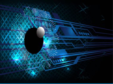 Soyut teknoloji bilim konsepti göz dijital bağlantısı ve mavi arka planda ikili hi teknolojisi