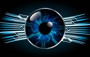 Soyut teknoloji bilim konsepti göz dijital bağlantısı ve mavi arka planda ikili hi teknolojisi