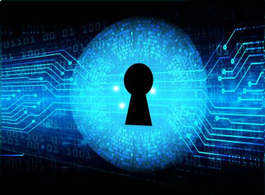 Kilitli siber güvenlik kavramı, soyut yüksek hızlı dijital internet bağlantısı tasarımı