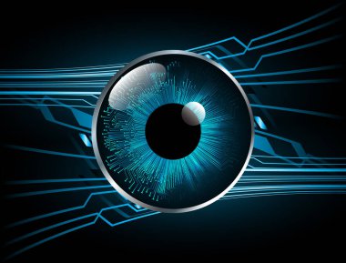 Soyut teknoloji bilim konsepti göz dijital bağlantısı ve mavi arka planda ikili hi teknolojisi