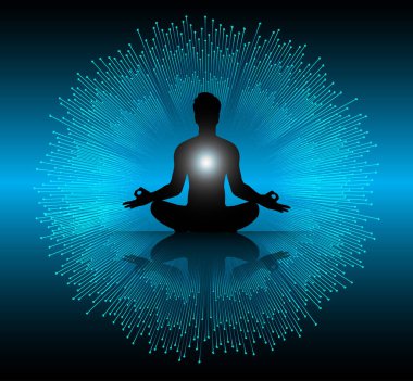 Adam koyu siyah soyut arka plan, yoga üzerine meditasyon yapıyor. - Ray. Işın. Budist Hindu meditasyonu.