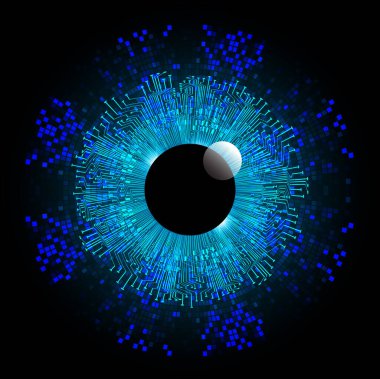 Soyut teknoloji bilim konsepti göz dijital bağlantısı ve mavi arka planda ikili hi teknolojisi