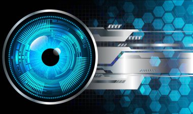 Soyut teknoloji bilim konsepti göz dijital bağlantısı ve mavi arka planda ikili hi teknolojisi