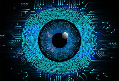 Soyut teknoloji bilim konsepti göz dijital bağlantısı ve mavi arka planda ikili hi teknolojisi