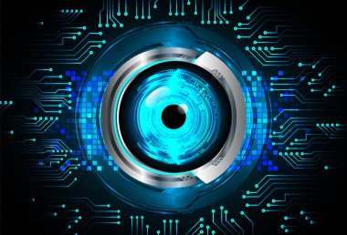 Soyut teknoloji bilim konsepti göz dijital bağlantısı ve mavi arka planda ikili hi teknolojisi