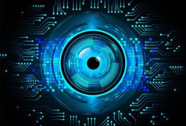 Soyut teknoloji bilim konsepti göz dijital bağlantısı ve mavi arka planda ikili hi teknolojisi