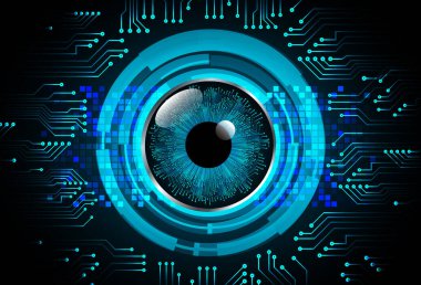 Soyut teknoloji bilim konsepti göz dijital bağlantısı ve mavi arka planda ikili hi teknolojisi