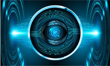 Soyut teknoloji bilim konsepti göz dijital bağlantısı ve mavi arka planda ikili hi teknolojisi