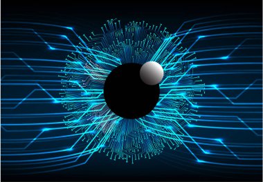 Soyut teknoloji bilim konsepti göz dijital bağlantısı ve mavi arka planda ikili hi teknolojisi