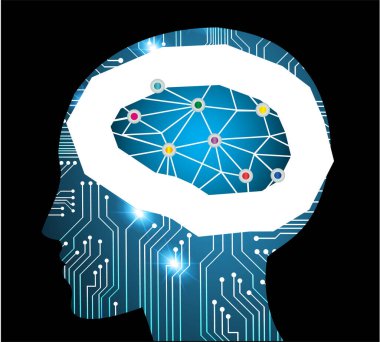 Bilgisayar grafikleri internet işi için Dark Blue Light Abstract Technology arka planı. Devre. Vektör çizimi. Bilgi grafikleri. Beyin fırtınası, Beyin. Ampul Fikirleri