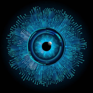 Soyut teknoloji bilim konsepti göz dijital bağlantısı ve mavi arka planda ikili hi teknolojisi