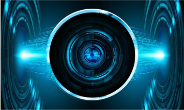 Soyut teknoloji bilim konsepti göz dijital bağlantısı ve mavi arka planda ikili hi teknolojisi