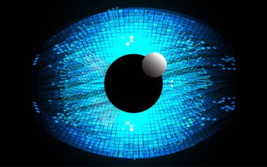 Soyut teknoloji bilim konsepti göz dijital bağlantısı ve mavi arka planda ikili hi teknolojisi