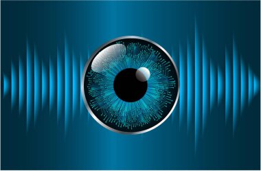 Soyut teknoloji bilim konsepti göz dijital bağlantısı ve mavi arka planda ikili hi teknolojisi