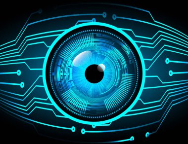 Soyut teknoloji bilim konsepti göz dijital bağlantısı ve mavi arka planda ikili hi teknolojisi