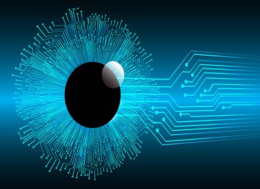 Soyut teknoloji bilim konsepti göz dijital bağlantısı ve mavi arka planda ikili hi teknolojisi