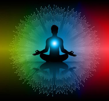 Adam koyu siyah soyut arka plan, yoga üzerine meditasyon yapıyor. - Ray. Işın. Budist Hindu meditasyonu.