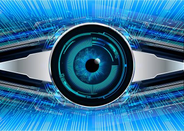 Soyut teknoloji bilim konsepti göz dijital bağlantısı ve mavi arka planda ikili hi teknolojisi