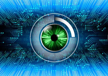 Soyut teknoloji bilim konsepti göz dijital bağlantısı ve mavi arka planda ikili hi teknolojisi