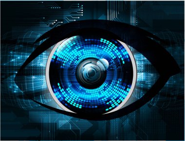 Soyut teknoloji bilim konsepti göz dijital bağlantısı ve mavi arka planda ikili hi teknolojisi