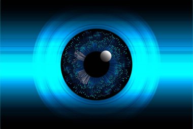 Soyut teknoloji bilim konsepti göz dijital bağlantısı ve mavi arka planda ikili hi teknolojisi