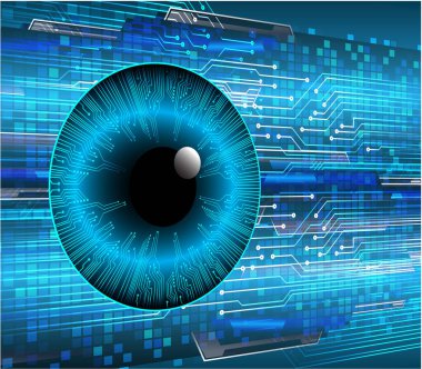 Soyut teknoloji bilim konsepti göz dijital bağlantısı ve mavi arka planda ikili hi teknolojisi