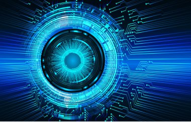 Soyut teknoloji bilim konsepti göz dijital bağlantısı ve mavi arka planda ikili hi teknolojisi