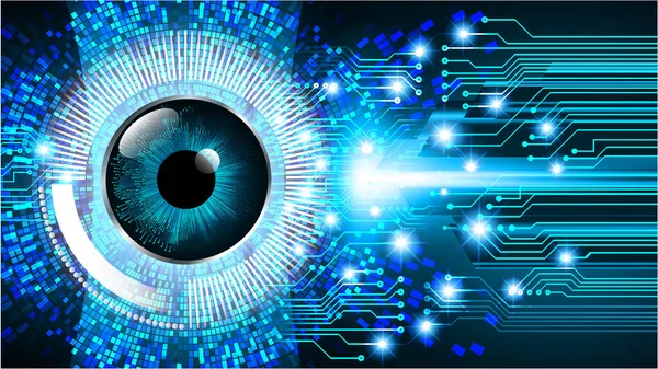 Soyut teknoloji bilim konsepti göz dijital bağlantısı ve mavi arka planda ikili hi teknolojisi