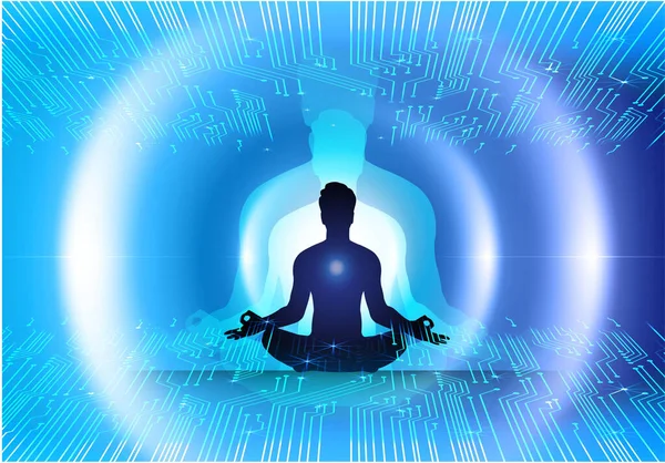 男が暗黒の抽象的な背景を瞑想ヨガ ビームだ 仏教のヒンドゥ教の瞑想 — ストックベクタ