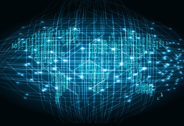 İkili devre kartı gelecek teknolojisi, mavi siber güvenlik kavramı özgeçmişi, soyut yüksek hızlı dijital internet. dünya haritası vektörü