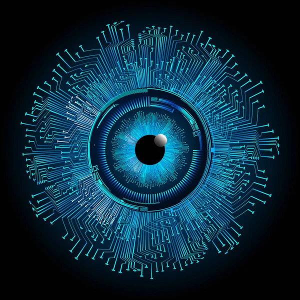 Soyut teknoloji bilim konsepti göz dijital bağlantısı ve mavi arka planda ikili hi teknolojisi
