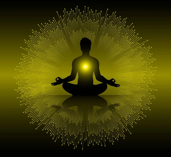 Hombre Meditar Negro Oscuro Fondo Abstracto Yoga Ray Haz Meditación — Vector de stock