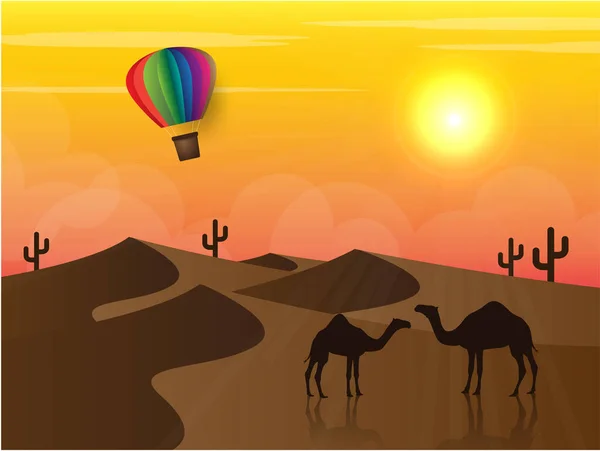 Kamele Der Wüste Papierkunst Sonne Luftballon — Stockvektor