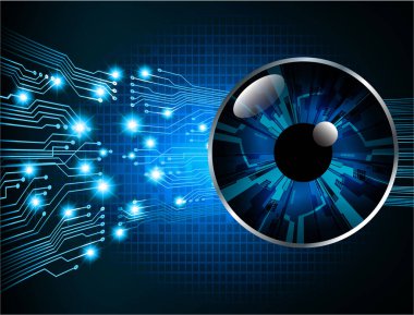 Göz ve teknoloji elementleriyle soyut mavi arka plan. vektör illüstrasyonu