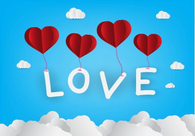 Kırmızı kalpli mutlu sevgililer günü kartı ve mavi arka planda aşk kelimesi.