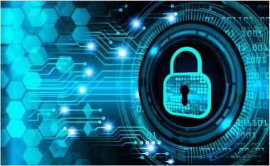 Mavi arka planda asma kilit ve kilit ile siber güvenlik kavramı