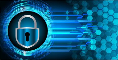 Mavi arkaplan üzerinde asma kilit ve kilit simgesi olan siber güvenlik kavramı, vektör illüstrasyonu