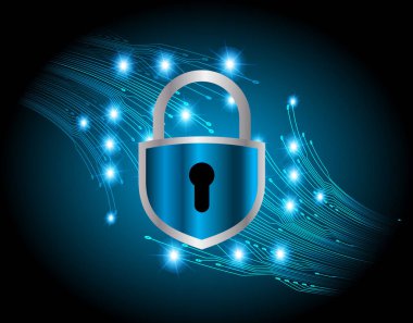 Siyah arkaplan üzerinde asma kilit ve kilit simgesi olan siber güvenlik kavramı, vektör illüstrasyonu