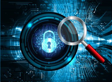 dijital güvenlik kavramı: ekranda ikili kodlu büyüteç ve asma kilit