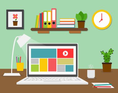 Laptop ve bilgisayarlı iş yeri, vektör illüstrasyonu