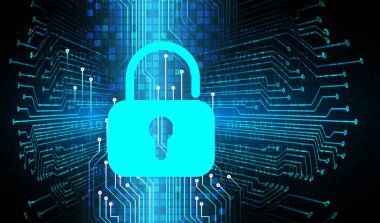 Mavi devre kartının arka planında ikili kod olan güvenlik sistemi kavramı